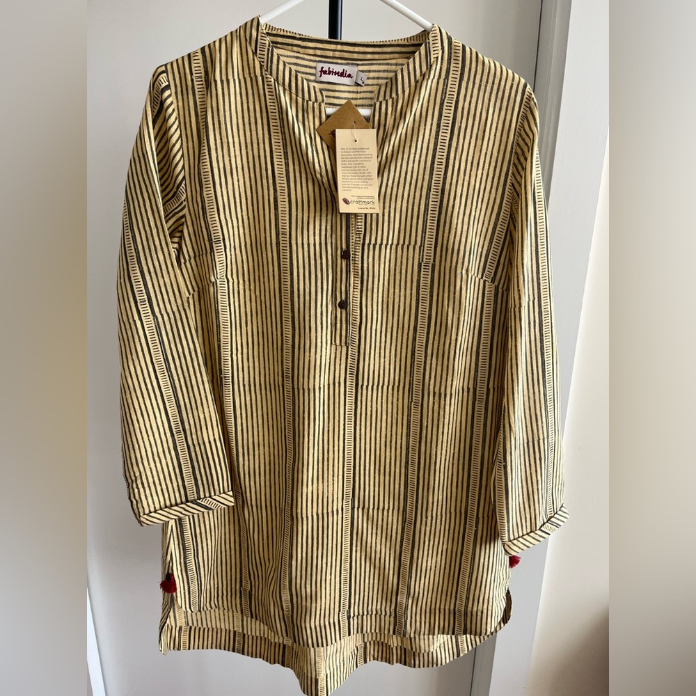 NWT FabIndia Tunic Top Kurta 100% cotton stripes Lemon 🍋 yellow & Black Large